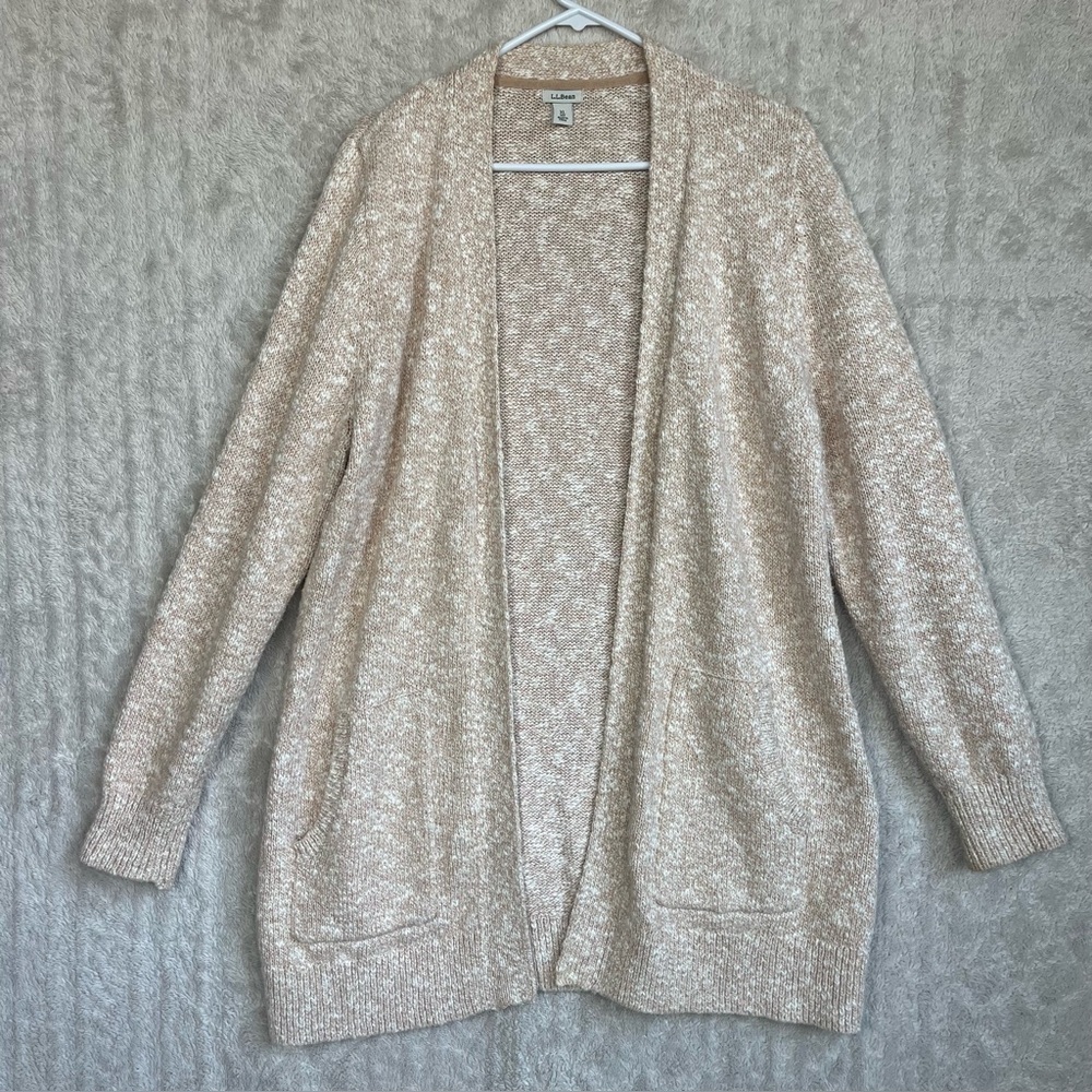 L.L. Bean Marled Tan White Long Open Knit Cardigan Sz XL Side Pockets